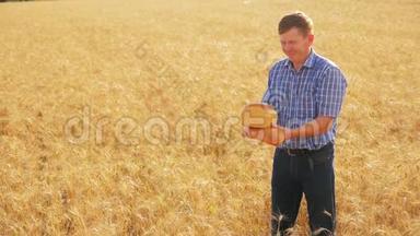 <strong>老农</strong>夫面包师拿着一个金色的面包和面包在成熟的麦田。 慢动作视频。 收获时间。 老面包师